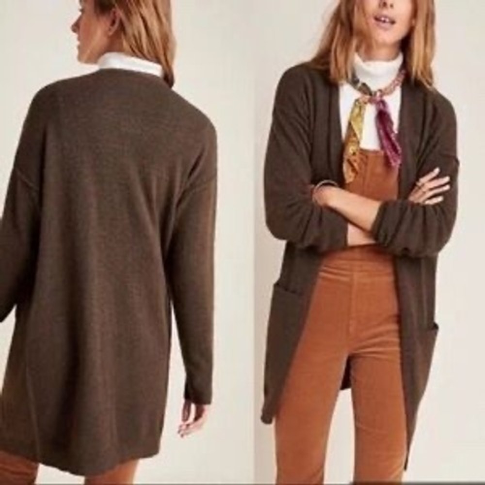 Anthropologie Brown Open Front Cardigan XS sweater duster wool blend neutral